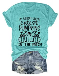 Women cute pumpkin teacher short sleeve t-shirt casual round neck tee top with denim shorts