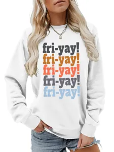 Detailed view of the women's casual long sleeve sweatshirt with colorful letter print.