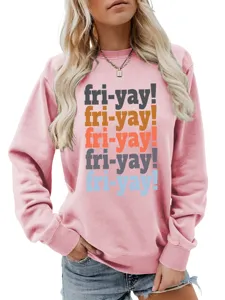Casual women's pink long sleeve crewneck sweatshirt featuring multi-color fri-yay text print.