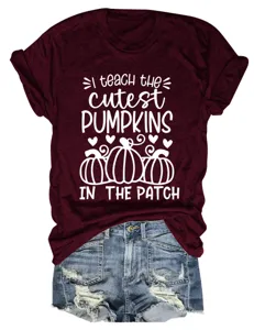 Casual women short sleeve round neck graphic t-shirt with cute autumn pumpkin print top