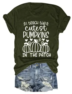 Women casual army green round neck short sleeve t-shirt with cute pumpkin patch print top