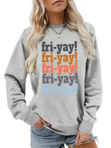 Detail view of grey women's long sleeve sweatshirt with colorful fri-yay graphic print.