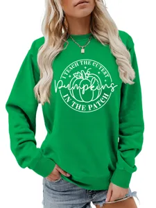 Grüner Damen Freizeit Langarm Pullover mit niedlichem Kürbis Lehrer Grafik Print.