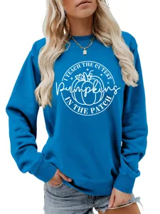 Detailansicht des blauen Damen Sweatshirts mit dem niedlichen Lehrer Kürbis Grafik-Print.