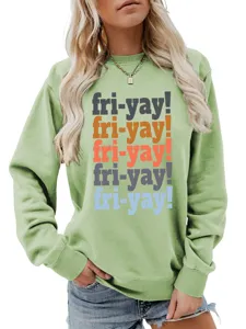 Women's casual long sleeve sweatshirt in light green featuring fun multi-color graphic print.