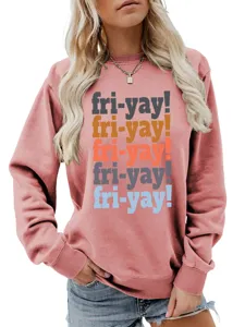 Women casual long sleeve crewneck sweatshirt pink with colorful letter print graphic top