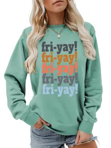 Casual women's long sleeve crewneck sweatshirt in light green with colorful fri-yay text print.