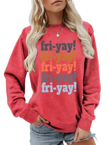 Comfortable women casual long sleeve crewneck red sweatshirt with colorful fri-yay graphic print.
