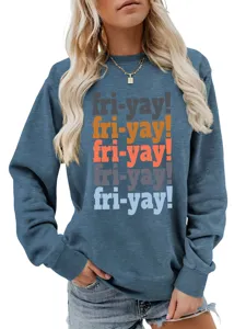 Close-up detail of women casual long sleeve blue sweatshirt with colorful fri-yay graphic print.
