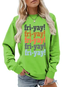 Green long sleeve sweatshirt detail featuring colorful fri-yay typography print graphic.