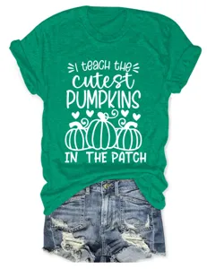 Green short sleeve t-shirt for women, casual round neck teacher pumpkin graphic tee top.