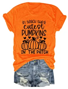 Women casual round neck short sleeve T-shirt orange Halloween pumpkin teacher graphic tee.