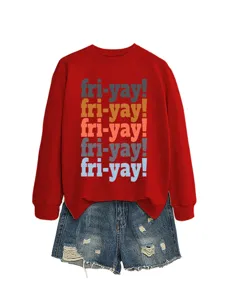 Detailed view of the red long-sleeve sweatshirt with colorful fri-yay graphic print.