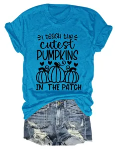 Women casual round neck short sleeve t-shirt with cute pumpkin letter print detail.