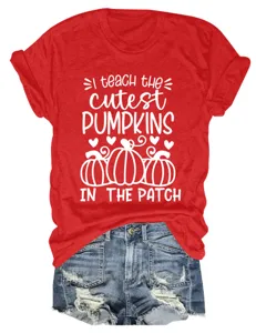 Women casual autumn cute teacher pumpkin graphic short sleeve crew neck red t shirt top