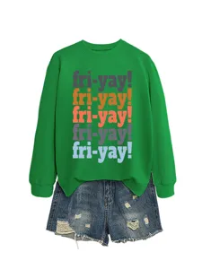Casual green long sleeve sweatshirt with fun letter print, comfortable women casual top.