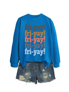 Women casual blue long sleeve sweatshirt with cute graphic print paired with stylish denim shorts.