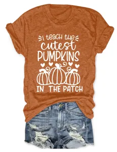 Women short sleeve graphic tee cute teacher pumpkin patch casual round neck t-shirt top