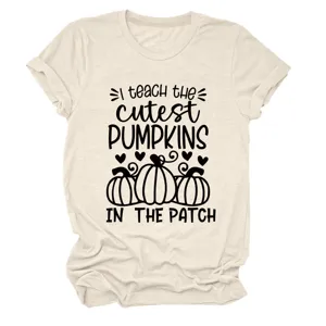 Women casual round neck short sleeve t-shirt with cute pumpkin teacher graphic print.