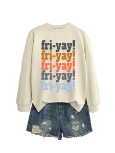 Women casual beige long sleeve sweatshirt with colorful fri yay print and ripped denim shorts