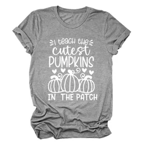 Grey short sleeve t-shirt for women featuring a cute pumpkin teacher graphic print.