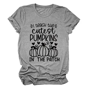 Casual women's grey short sleeve t-shirt featuring cute autumn pumpkin graphic print.