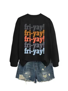 Casual black long sleeve sweatshirt featuring colorful fri-yay letter print for women daily wear.