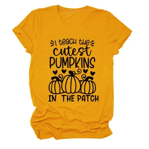 Women's golden yellow short sleeve round neck t-shirt featuring cute pumpkin print.