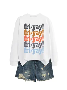 Women's casual long sleeve sweatshirt with colorful fri-yay letter print and denim shorts.
