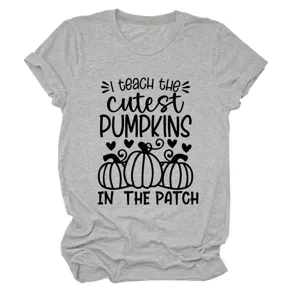Grey short sleeve t-shirt for women featuring cute teacher pumpkin graphic design casual top.