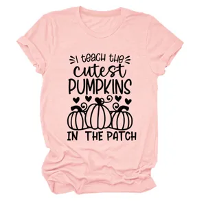 Casual women round neck short sleeve t-shirt featuring cute pumpkin teacher graphic.