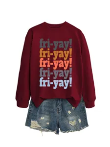 Casual long sleeve maroon sweatshirt featuring stacked colorful fri-yay letter graphic print.