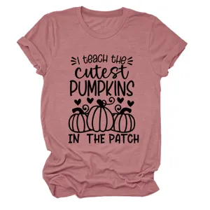 Women casual round neck short sleeve t-shirt with cute autumn pumpkin graphic print top.