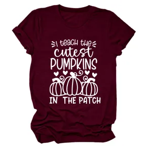 Womens casual round neck short sleeve t-shirt with cute pumpkin graphic print for daily wear.