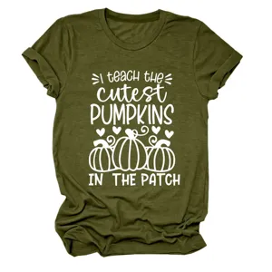 Army green short sleeve women T-shirt with cute pumpkin and teacher quote print design.