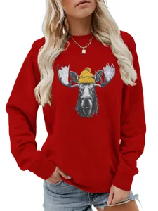 Sudadera mujer cuello redondo manga larga con lindo estampado de alce para otoño.