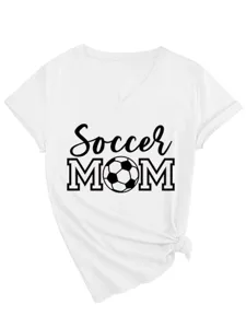 Γυναικείο Casual V-Neck Κοντό Μανίκι Soccer Mom Graphic T-Shirt Καλοκαιρινό Top!