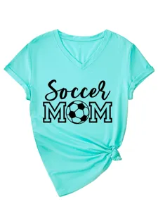 Γυναικείο casual T-shirt με V λαιμόκοψη και κοντό μανίκι Soccer Mom σχέδιο tee top