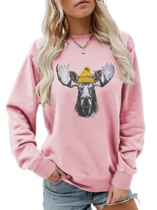 Sudadera mujer cuello redondo manga larga con estampado alce tierno rosa pullover moda