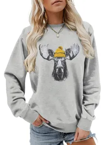 Sudadera Mujer Estampado Alce Lindo Gris Cuello Redondo Manga Larga Otoño Invierno