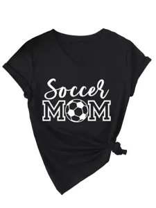 Γυναικείο Μαύρο V-Neck T-Shirt Κονtoμάνικο με Soccer Mom Σχέδιο και Πλαϊνό Κόμπο