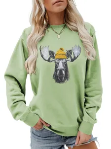Mujer lindo alce estampado cuello redondo manga larga sudadera otoño invierno top