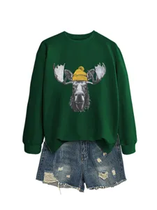Mujer lindo alce gráfico verde cuello redondo sudadera manga larga con pantalones cortos