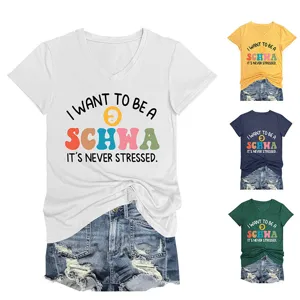 Damen Sommer V-Ausschnitt Kurzarm Grafisches T-Shirt mit lustigem Linguistik Spruch Top.