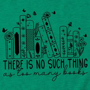 Groen T-shirt met korte mouwen met boekenprint en inspirerende leescitaat voor boekenliefhebbers.