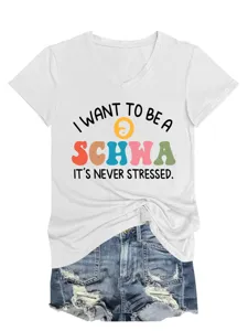 Damen Freizeit V-Ausschnitt Kurzarm T-Shirt mit lustigem Schwa Buchstaben Druck Sommer Oberteil
