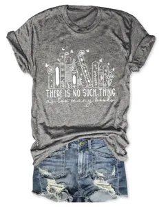 Dames casual grijze t-shirt met korte mouwen en leuke boeken print, comfortabele ronde hals top.