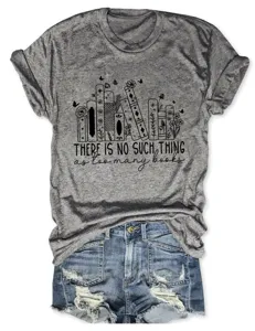 Grijs korte mouw t-shirt met boeken grafische en citaat print, stijlvolle casual vrouwen top detail.