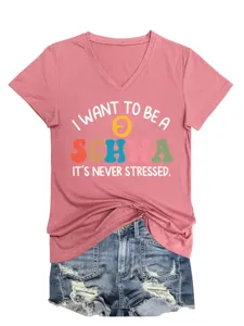 Damen V-Ausschnitt Kurzarm Grafik T-Shirt Lässiges Sommer Top mit lustigem Buchstaben Druck