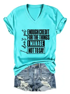 Γυναικείο casual τουρκουάζ t-shirt V-neck με αστεία εκτύπωση γραμμάτων λεπτομέρεια
